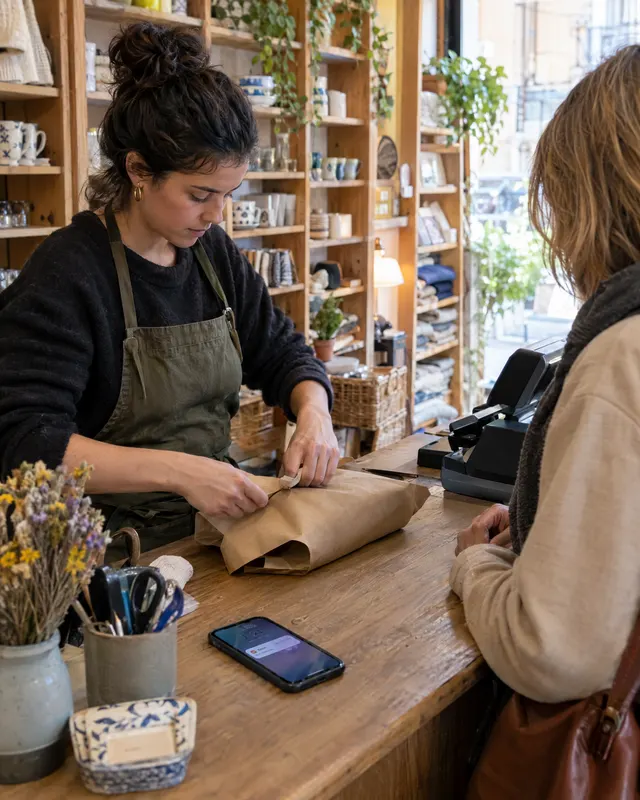 Una dependienta envuelve una compra mientras el móvil se ilumina junto a la caja